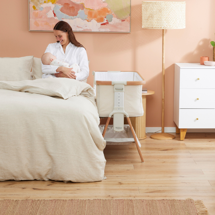 CoZee Breeze Plus Co-Sleeping Bassinet with Rocking Legs in Scandi Walnut and Ecru